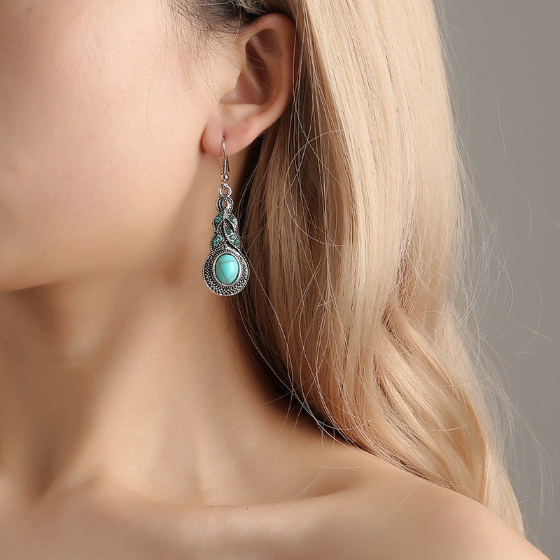 Retro Set Blue Crystal Inlaid Turquoise Earrings