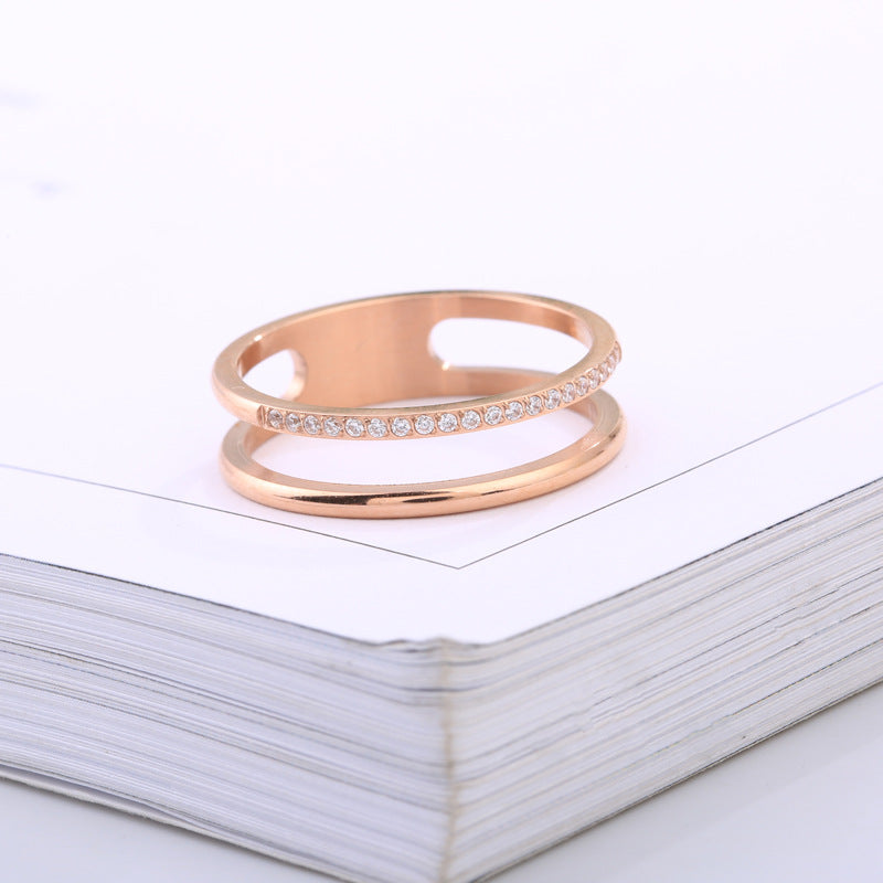 Hollow Double Layer Micro Rhinestone Couple Fashion Titanium Steel Rings