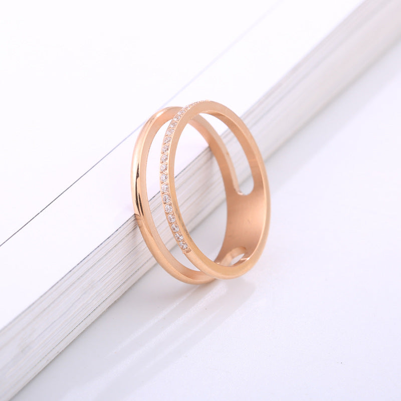 Hollow Double Layer Micro Rhinestone Couple Fashion Titanium Steel Rings