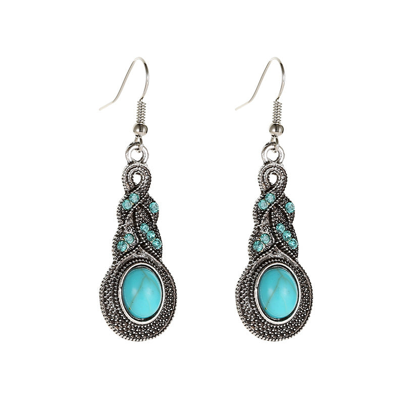 Retro Set Blue Crystal Inlaid Turquoise Earrings