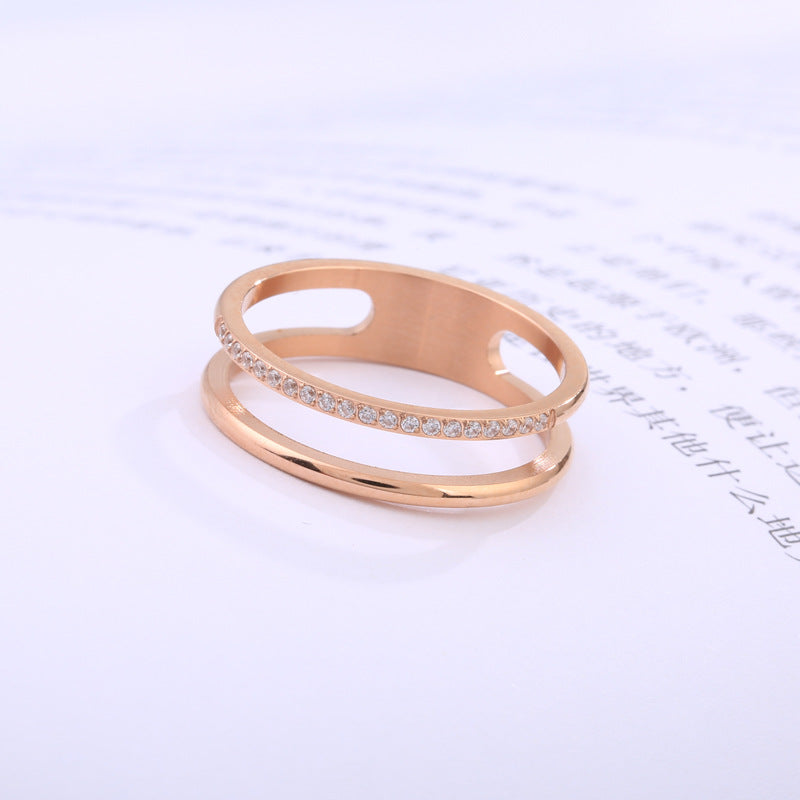 Hollow Double Layer Micro Rhinestone Couple Fashion Titanium Steel Rings