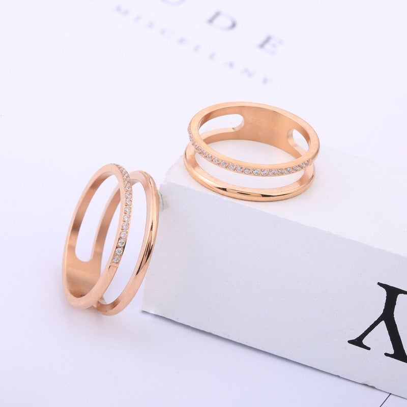 Hollow Double Layer Micro Rhinestone Couple Fashion Titanium Steel Rings