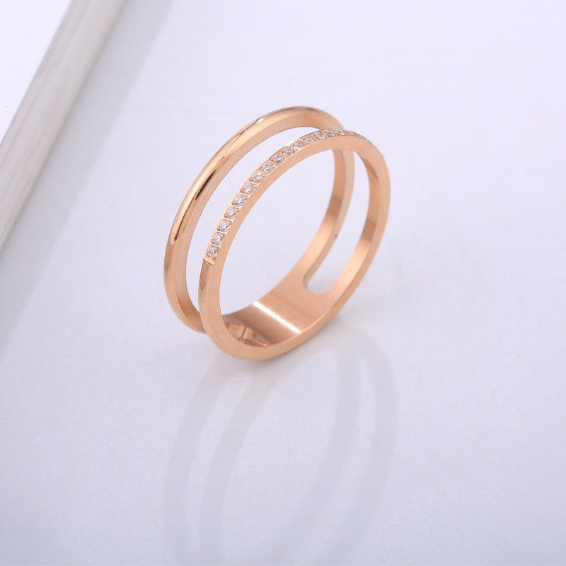 Hollow Double Layer Micro Rhinestone Couple Fashion Titanium Steel Rings