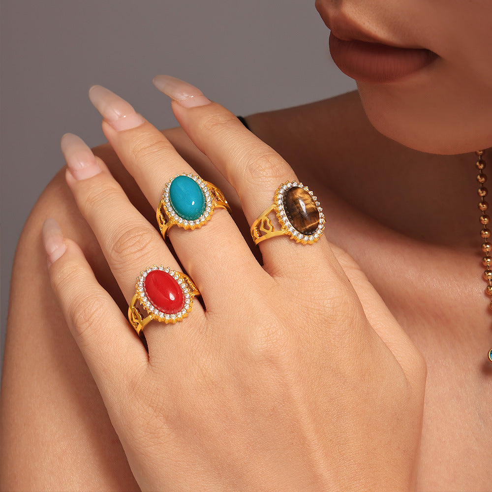 Zircon Oval Natural Stone Open Stainless Rings