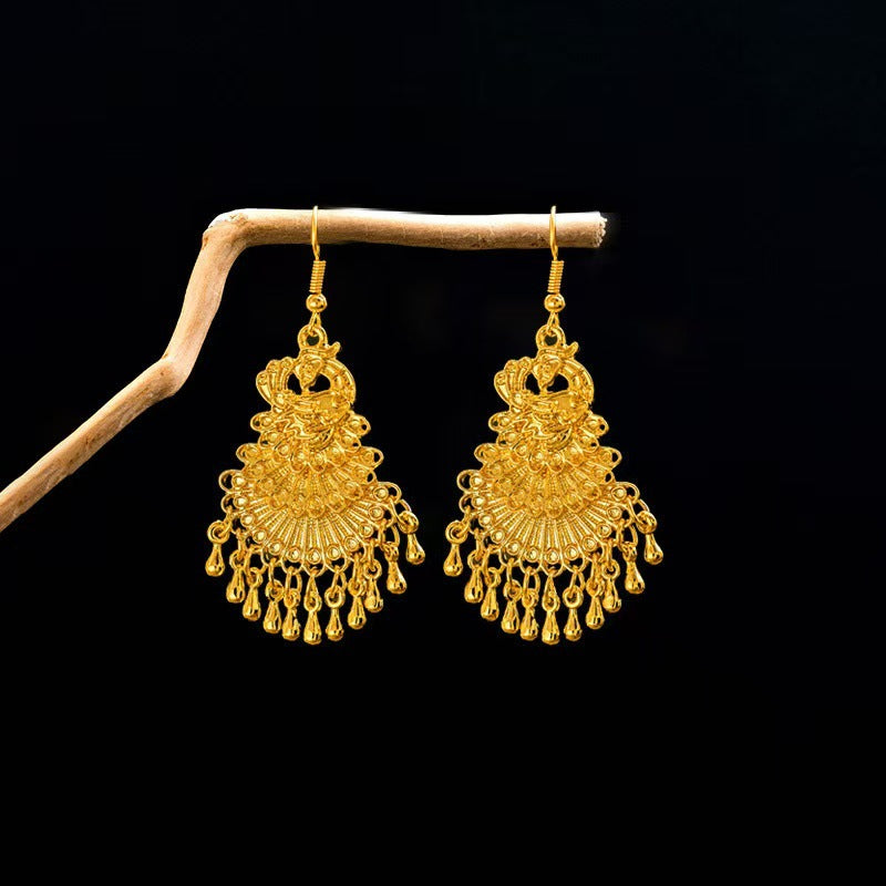Golden Bell Tassel Bohemian Leaf National Earrings
