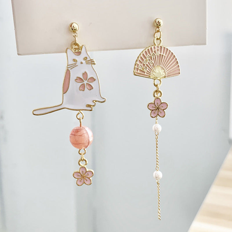 Fan Asymmetric Long Tassel Imitation Pearl Painting Earrings