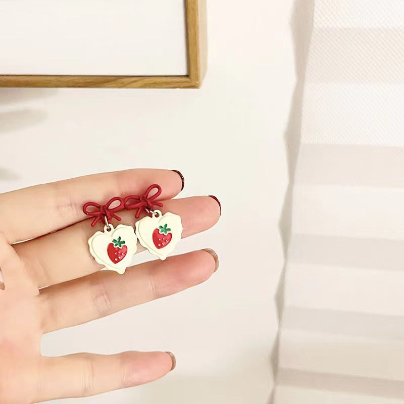 Sier Needle Sweet Loving Heart Strawberry Cherry Earrings