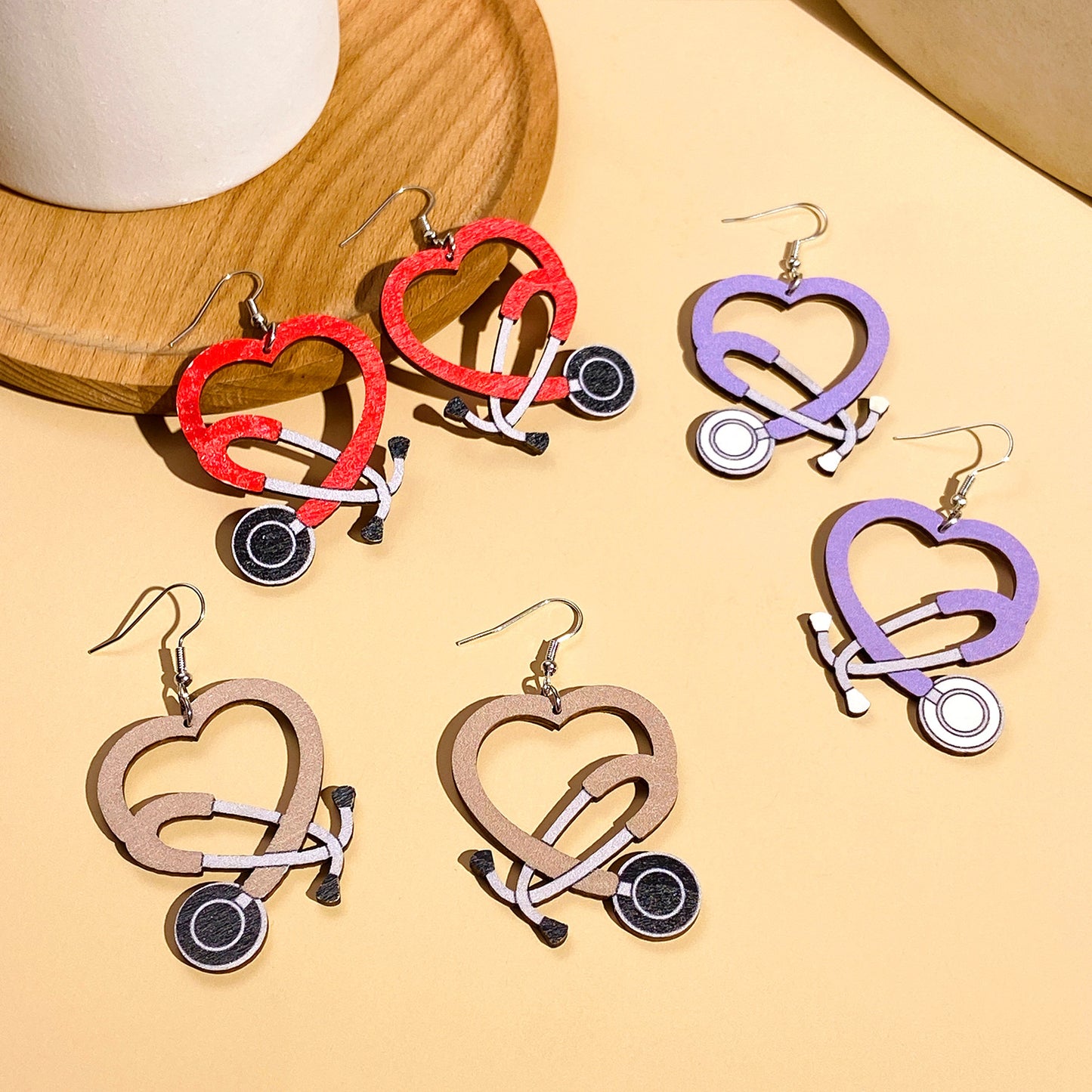Nurse Medical Color Stethoscope Modeling Wooden Earrings