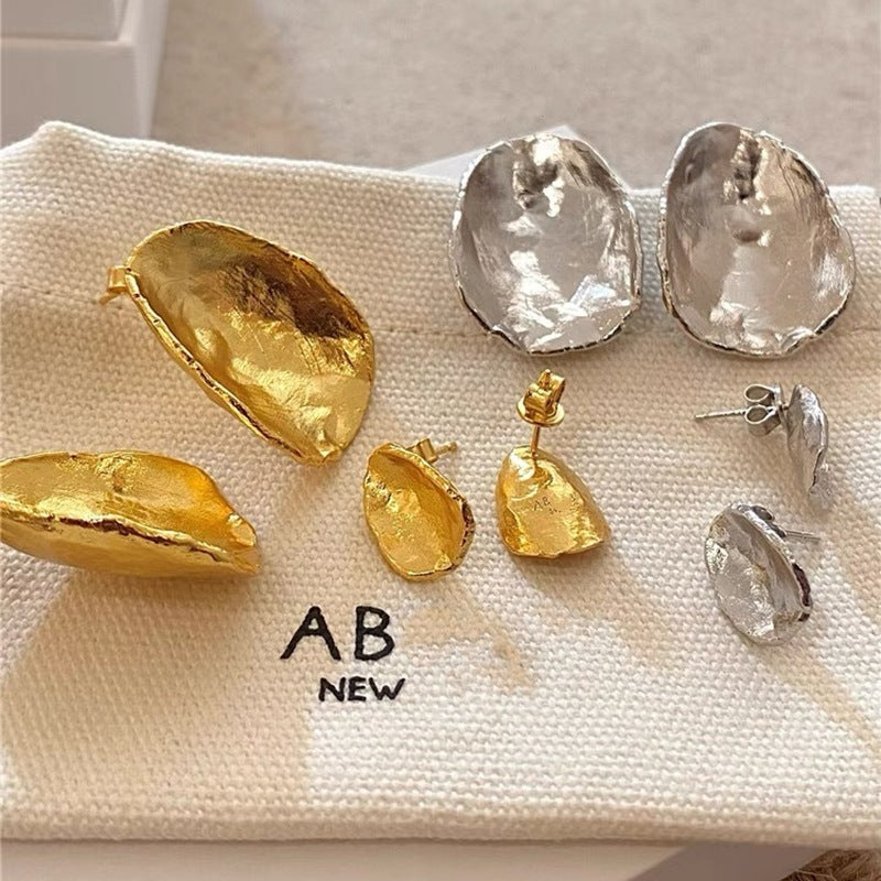 Texture Sier Needle Irregular Round Piece Ear Light Luxury Minority Earrings