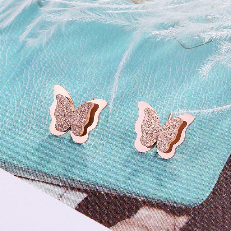 Frosted Butterfly Korean Fashion Rose Gold Plated Earrings