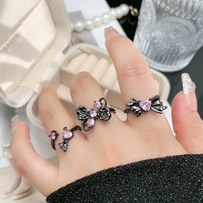 Dark Style Pink Diamond Love Heart Rings