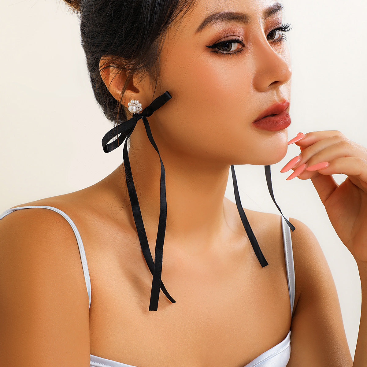 Personalized Bow Ribbon Imitation Pearl Crystal Flowers Earrings