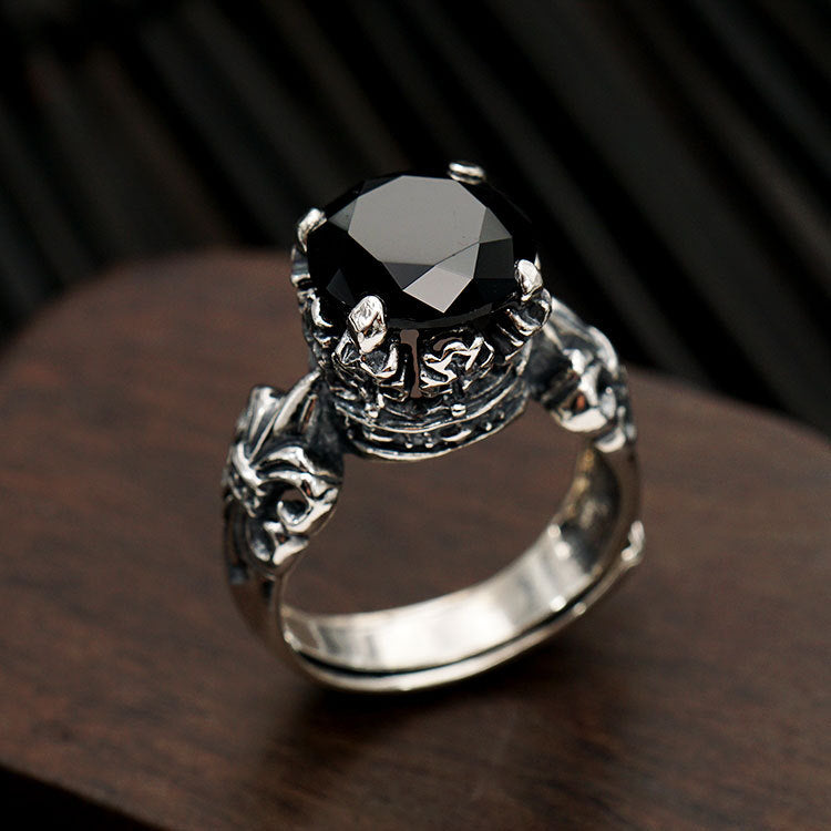 Women's & Men's Sier Natural Black Agate Open For Fashion Rings