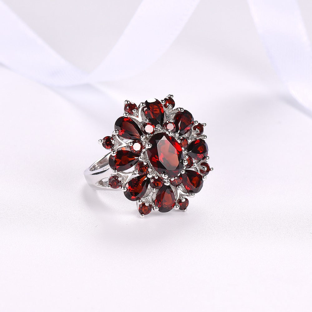 Women's Ornament European Pomegranate Red Zircon Flower Shape Personalized Rings