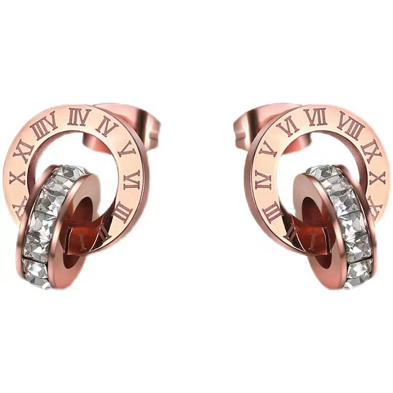 Roman Diamond Creative Rose Gold Titanium Steel Female Double Earrings