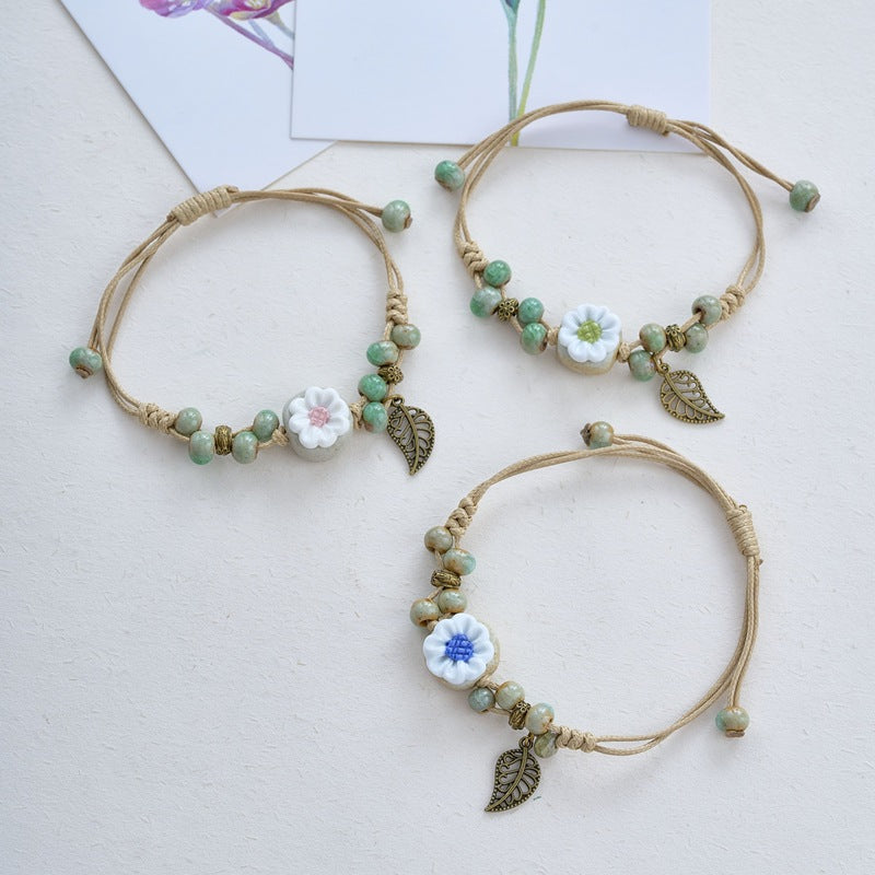 Women's Hand Weaving Mori Style Fresh Ceramic Vintage Flower Bracelets