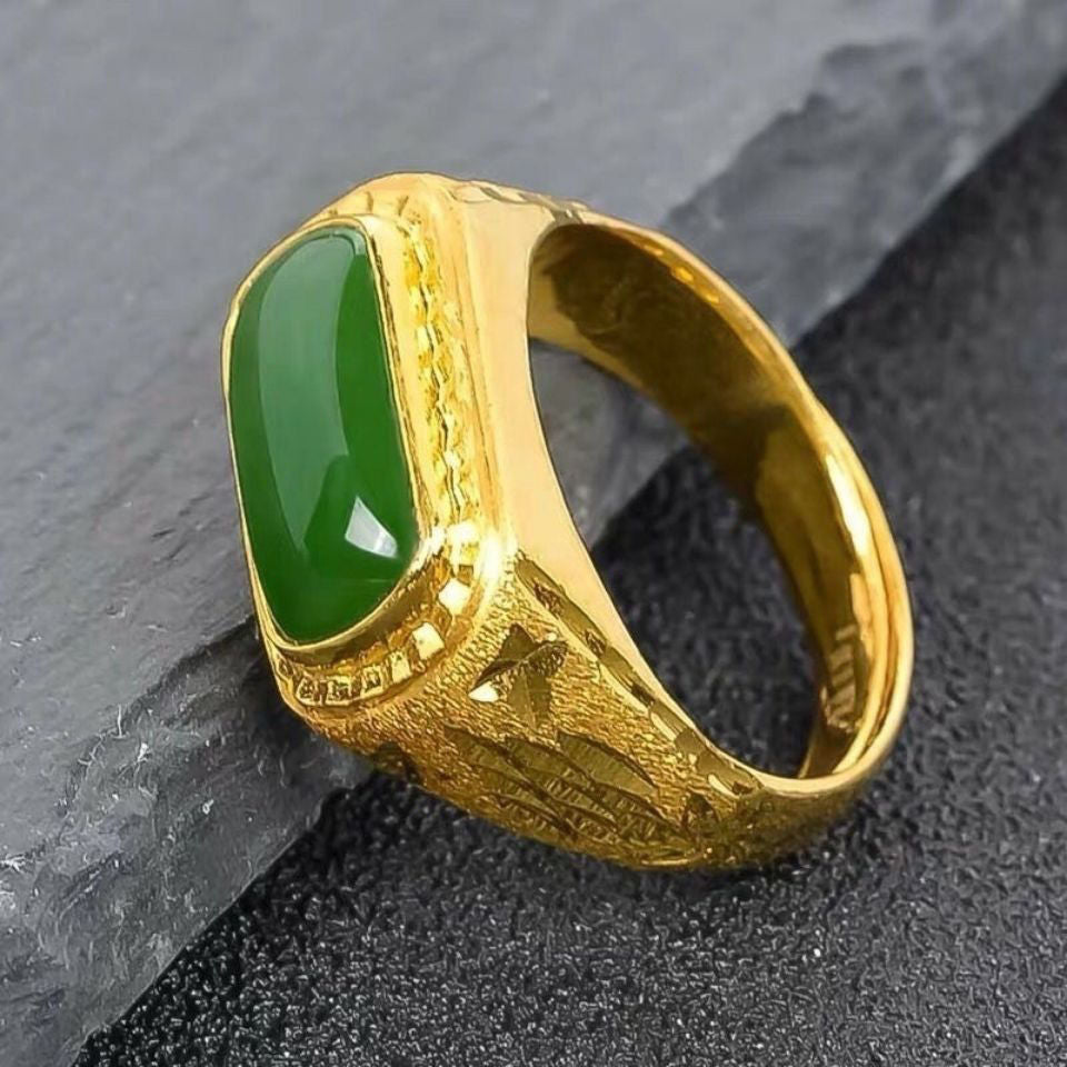 Men's Vietnam Placer Gold Long Chalcedony Emperor Green Imitation Rings
