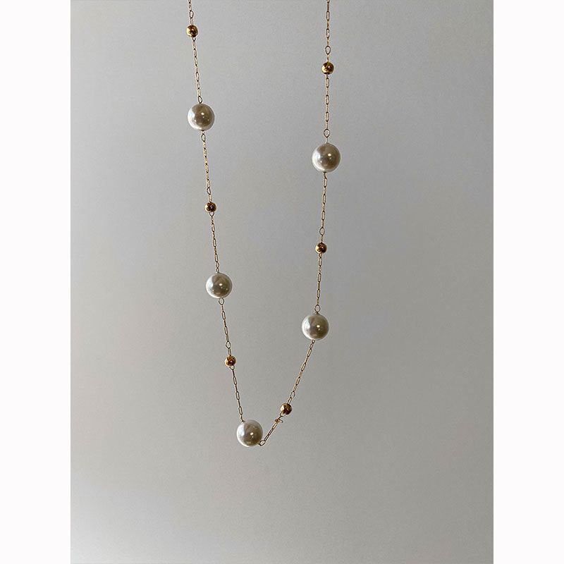 Strong Light Pearl Golden Balls Design Titanium Steel Female Necklaces