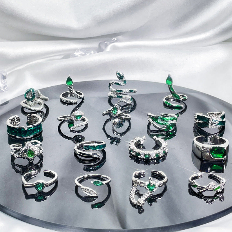 Women's Retro Green Zircon Drip Glazed Temperamental Cold Rings