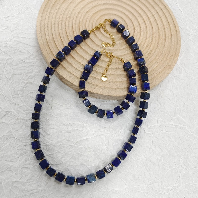 Personality Mediterranean Romantic Blue Natural Lapis Lazuli Square Beaded Necklaces
