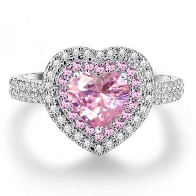 Women's Pink Love Heart-shaped White Gold Plated Boutique Rings