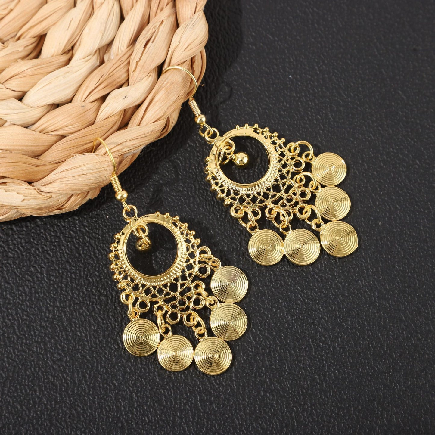 Golden Bell Tassel Bohemian Leaf National Earrings