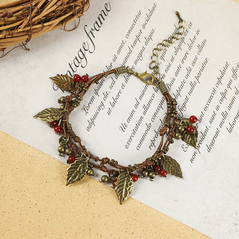 Women's Style Leaves Cherry Red Hand-woven Agate Carrying Bracelets