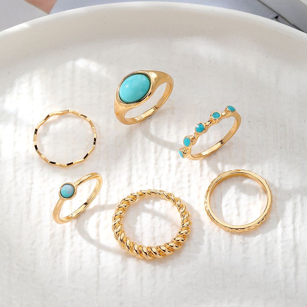 Women's Turquoise Twist Gold Wave Knuckle Rings