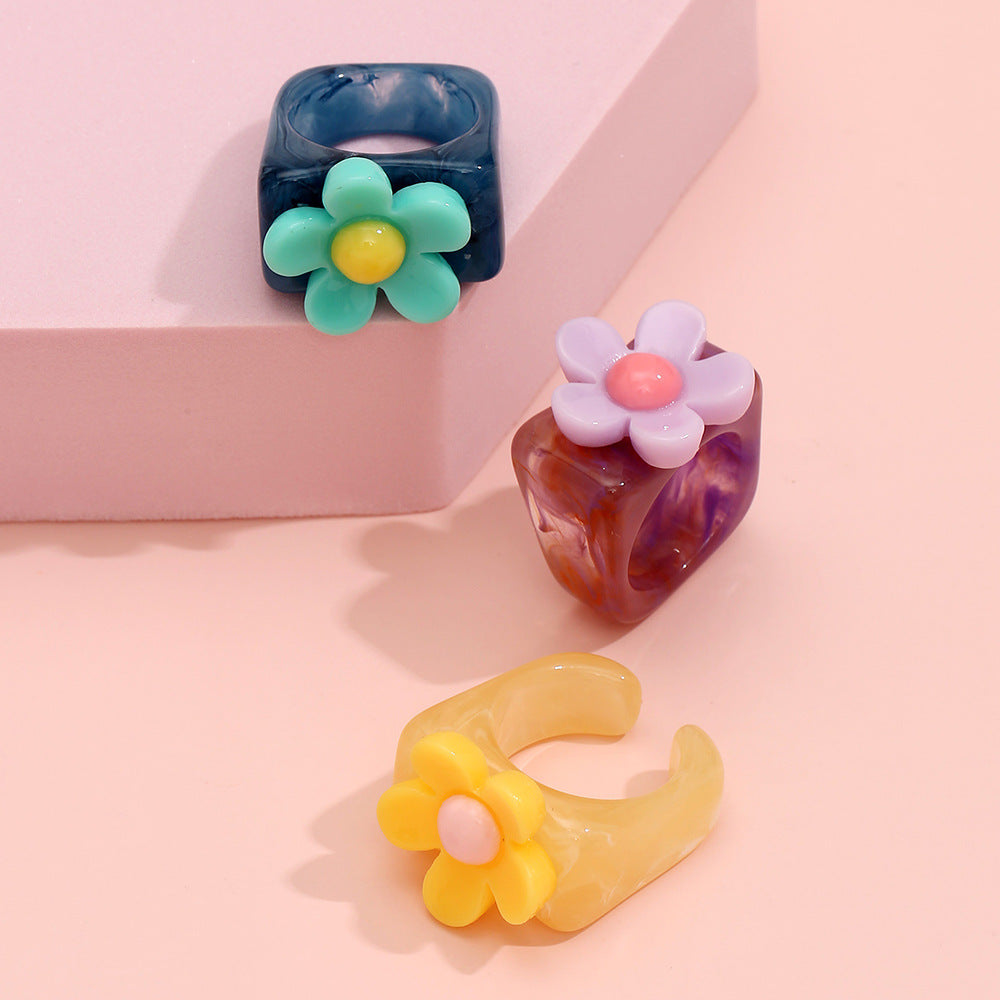 Candy Color Flower Temperament Design Resin Rings