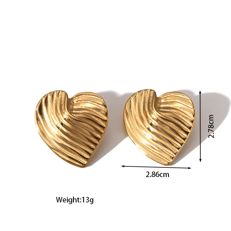 Stainless Steel Titanium Glossy Heart-shaped Design Corrugated Earrings