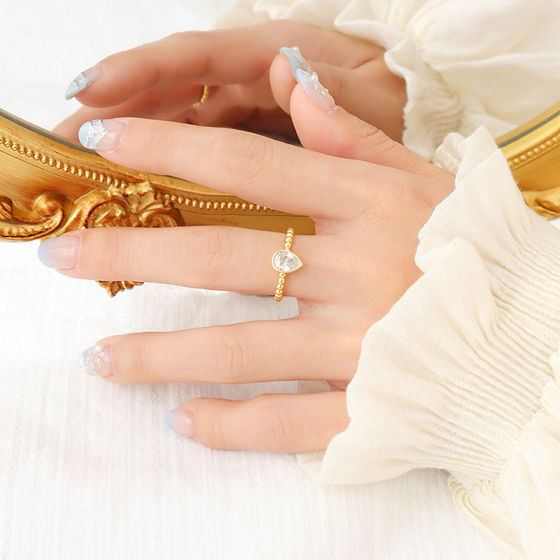 Brass Inlaid Water Drop Rhinestone Open Rings