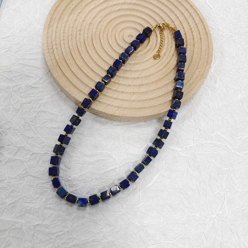 Personality Mediterranean Romantic Blue Natural Lapis Lazuli Square Beaded Necklaces
