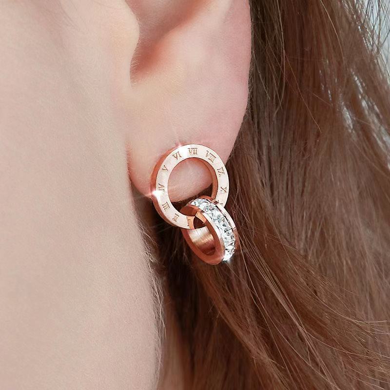 Roman Diamond Creative Rose Gold Titanium Steel Female Double Earrings