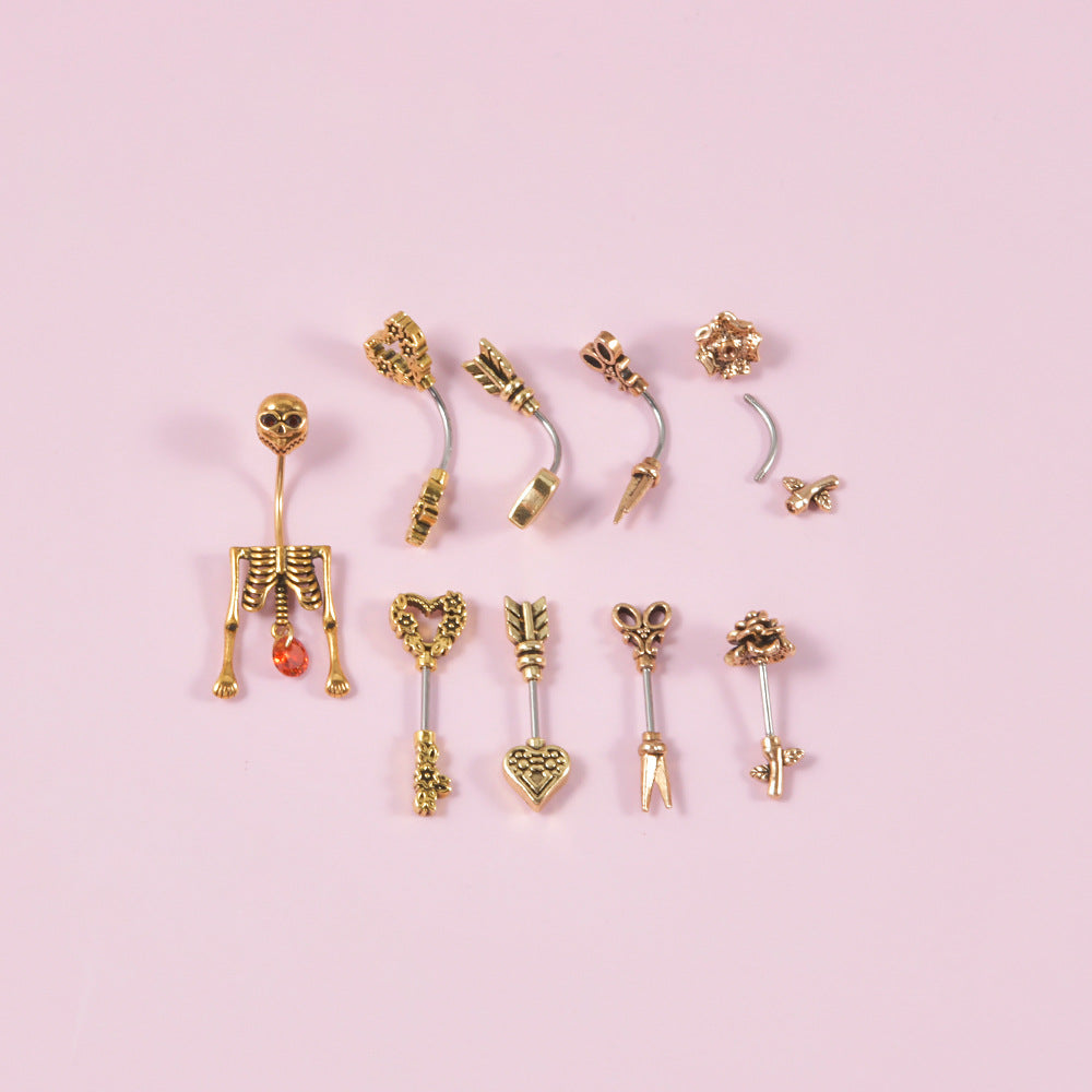Curved Rod Male Thread Skull Navel Straight Rose Flower Earrings