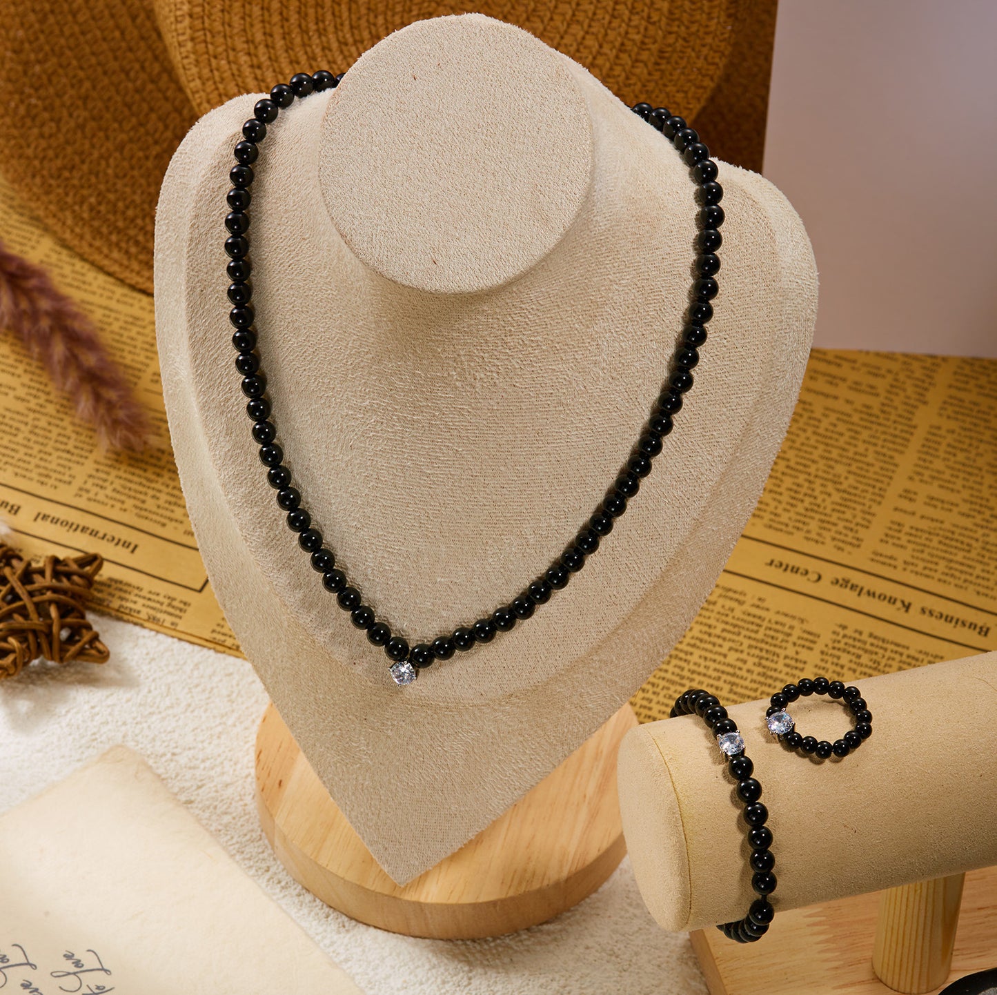 Elegant Retro Pearl Solitaire Three-piece High Sense Ball Jewelry Set