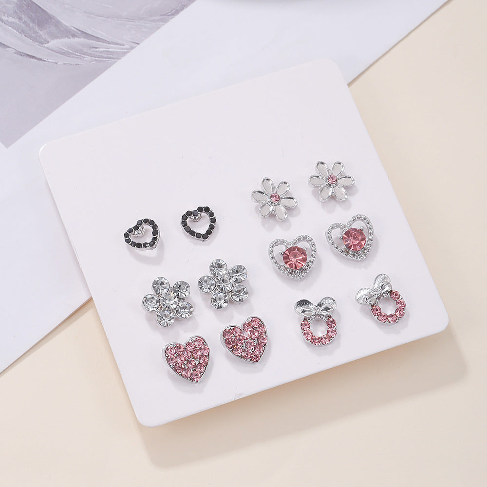 Fashion Heart-shaped Full Of Diamond Combination Pink Suit Earrings
