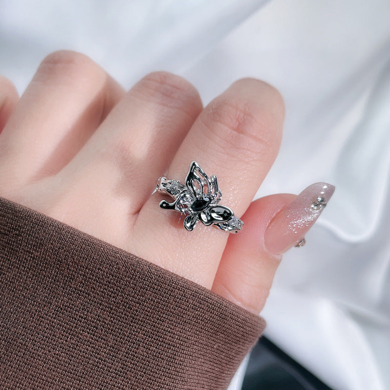 Black Zircon Texture Pleated Butterfly Opening Female Graceful Fashionable Rings