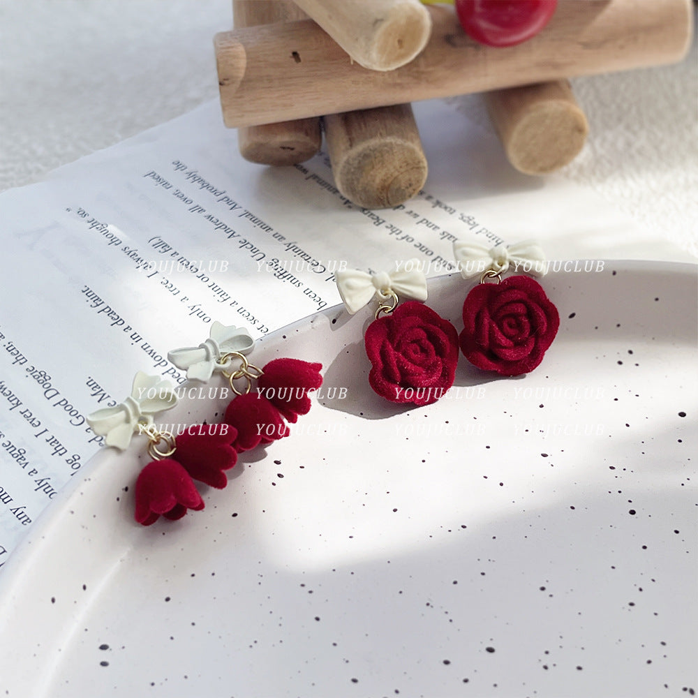 Flocking Bow Bell Plush Sweet Cute Earrings