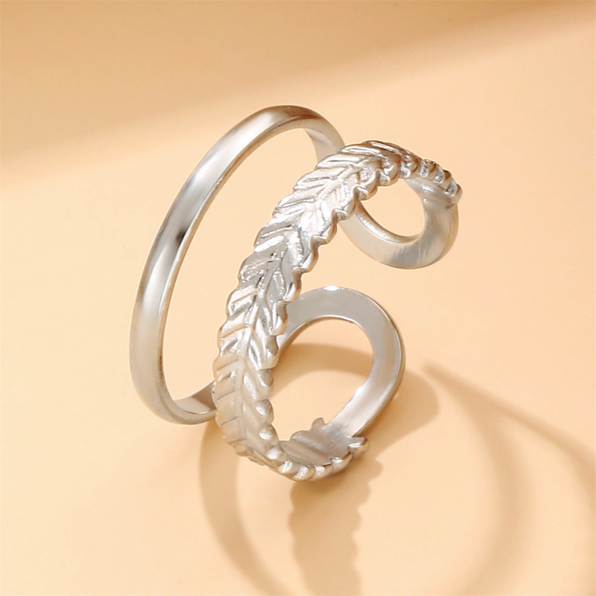Personalized Double Row Leaves Design Open Stainless Rings