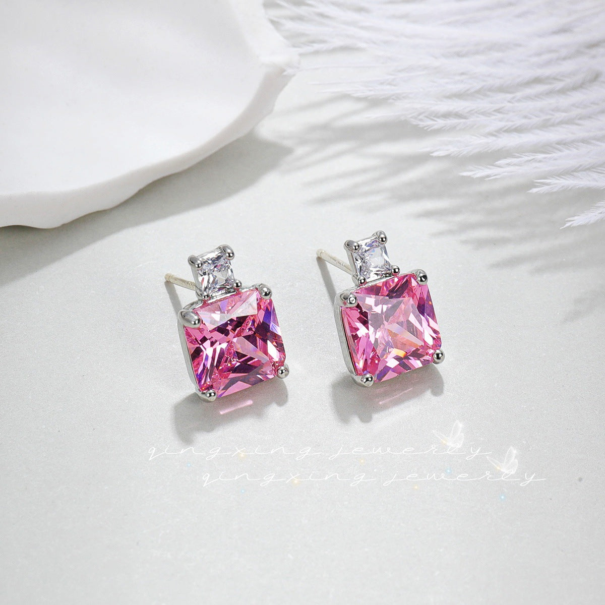 Style Fashionable Square Blue Pointed Zircon Red Earrings