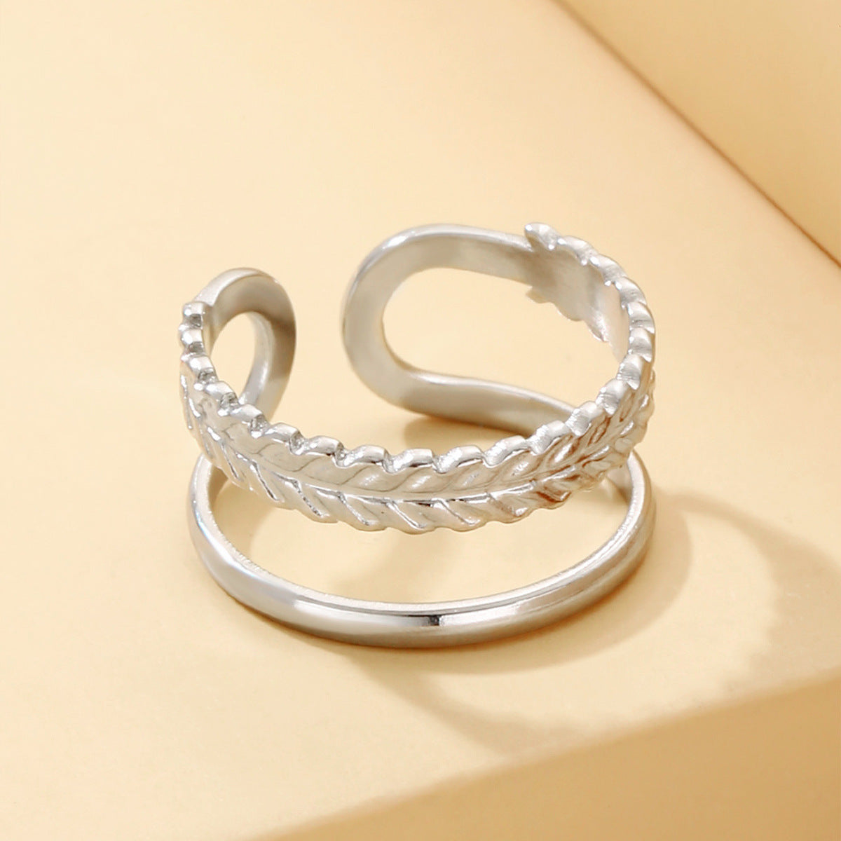 Personalized Double Row Leaves Design Open Stainless Rings