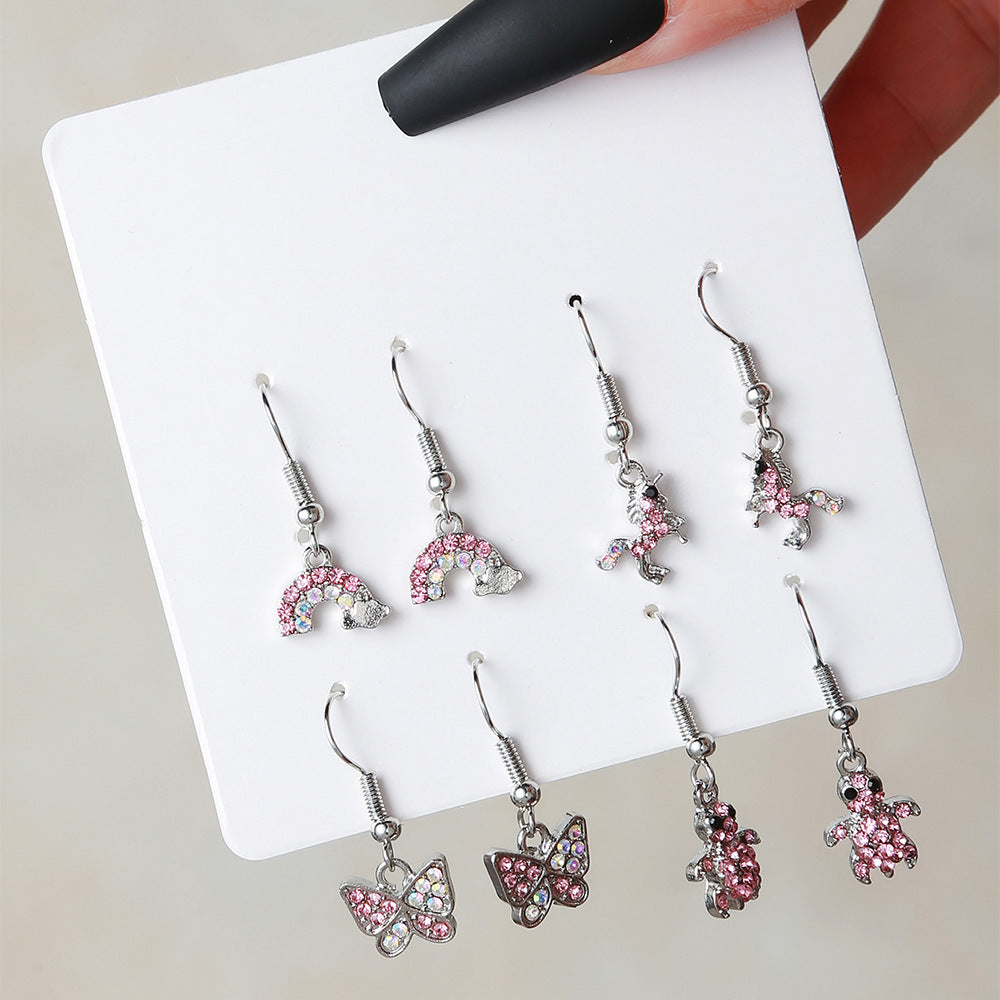 Fashion Heart-shaped Full Of Diamond Combination Pink Suit Earrings