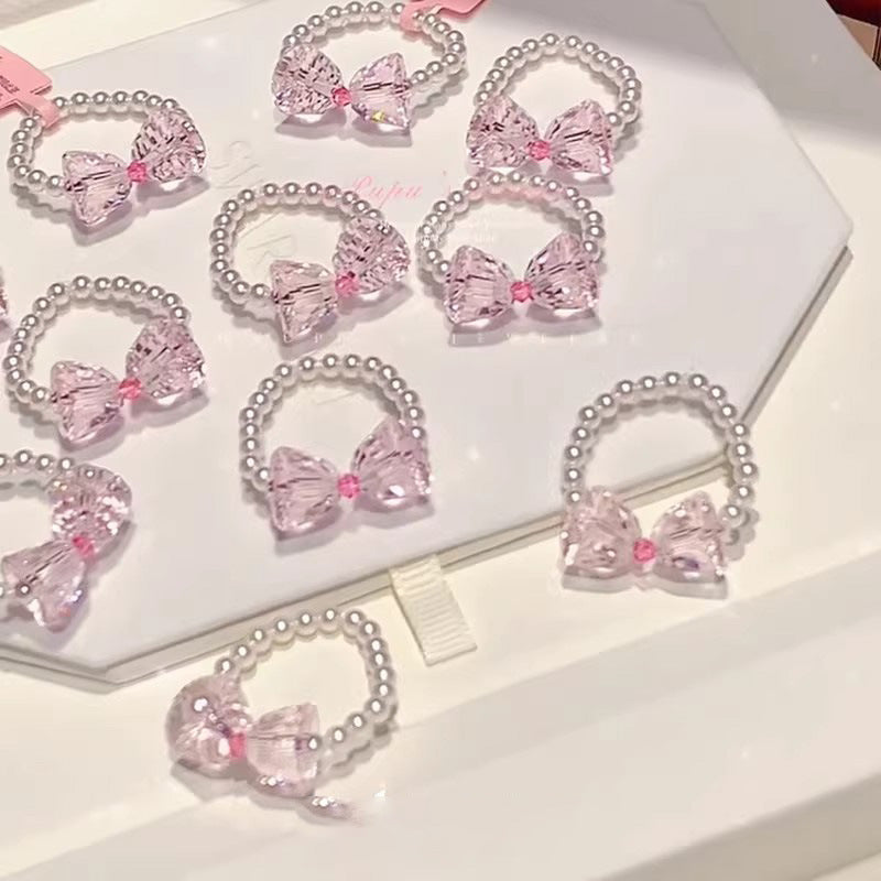 Stringed Pearls Pink Bow Sweet Cute High Sense Index Ring