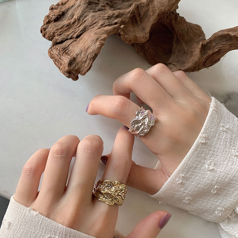 Women's Retro Open Pleated Irregular Concave Sterling Sier Rings