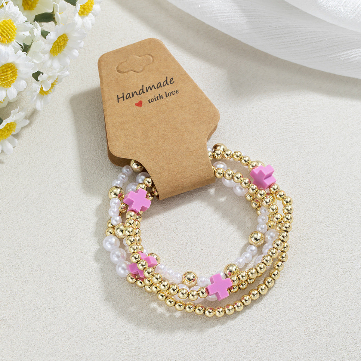 Women's Style Resin Cross Stringed Pearls Elastic Bracelets