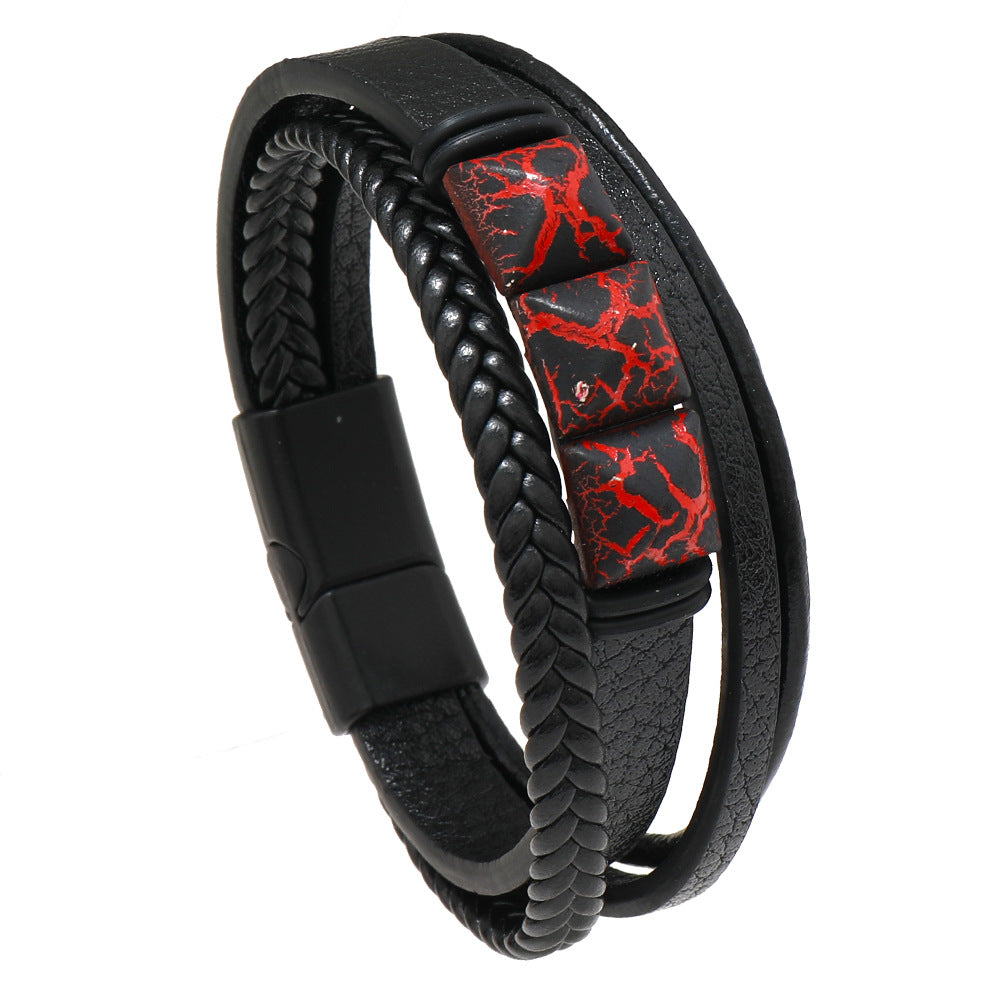 Men's Gothic Style Magnetic Snap Authentic Leather Weave Bracelets