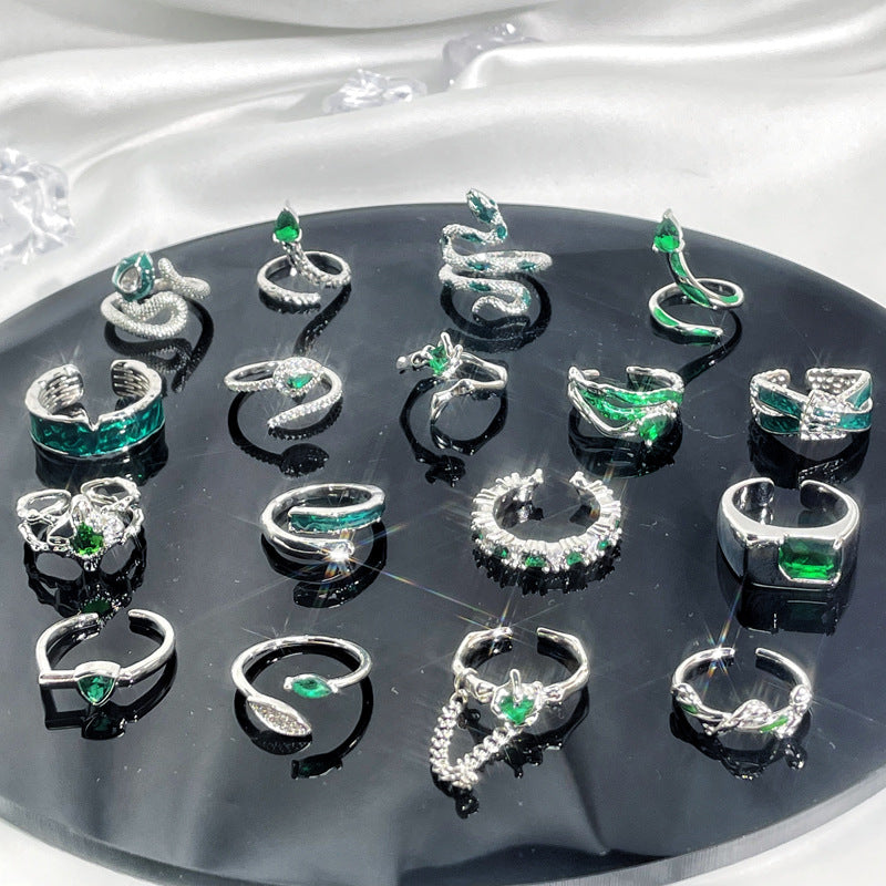 Women's Retro Green Zircon Drip Glazed Temperamental Cold Rings