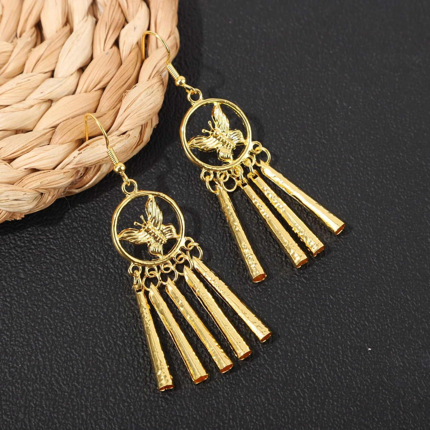 Golden Bell Tassel Bohemian Leaf National Earrings