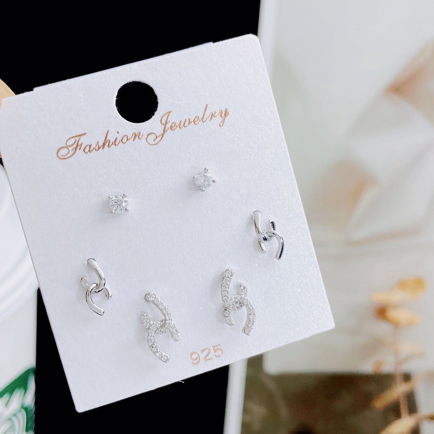 Women's Rhinestone Pearl Three Pairs Storage Ear Earrings