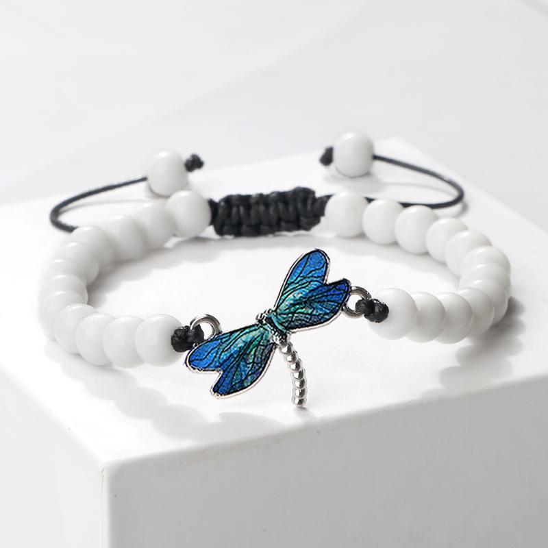 Women's & Men's Vintage Blue Dragonfly Black Cord Woven White Bracelets